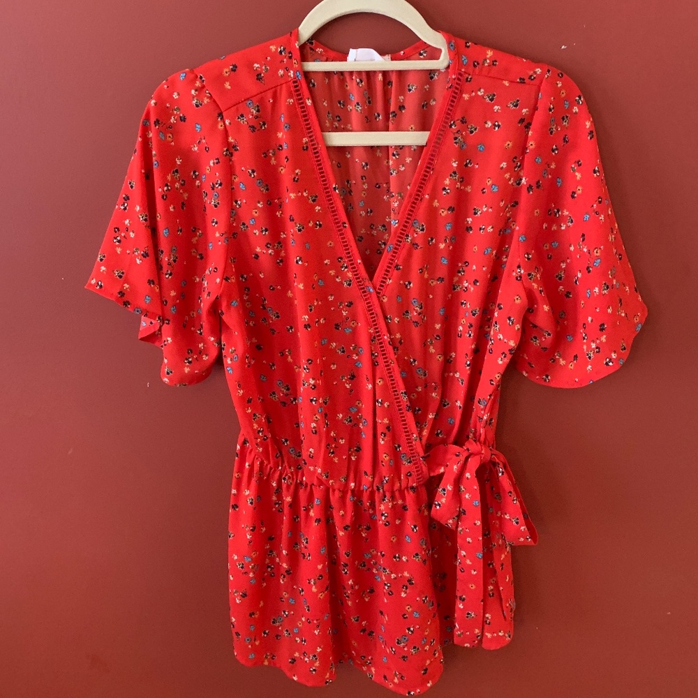 Red Floral Front-Tie Blouse